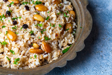 Traditional delicious Turkish food; Almond rice pilaf (Turkish name; Bademli pirinc pilavi)