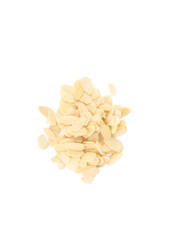 Petals from almond kernels for decorating culinary products on a white background.