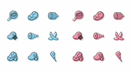 Set line Grilled steak meat and fire flame, Steak in frying pan, Rib eye, Chicken leg, Crossed sausage, Fresh frozen and icon. Vector