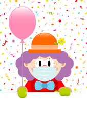 Clown Maske Lila Haare Hält Roten Luftballon Banner Luftschlangen Und Konfetti