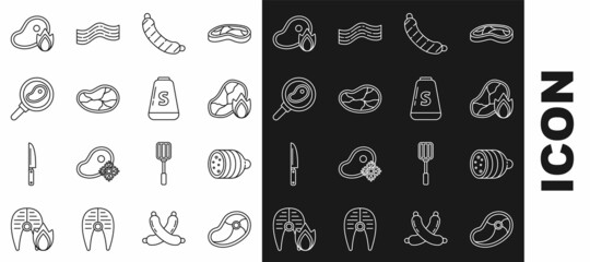 Set line Steak meat, Salami sausage, Grilled steak and fire flame, Sausage, in frying pan, and Salt icon. Vector