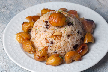 Traditional delicious Turkish food; chestnut rice pilaf (Turkish name; kestaneli pilav)