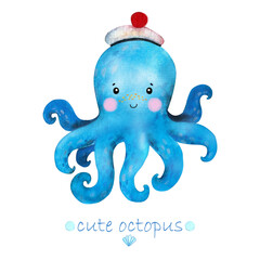 Watercolor cartoon octopus in a sailor hat. Hand draw isolated illustrations. - 482392626