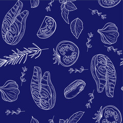 Hand drawn seamless texture with salmon, tomato, thyme, rosemary, mint, mussels illustrations, bluecolor
