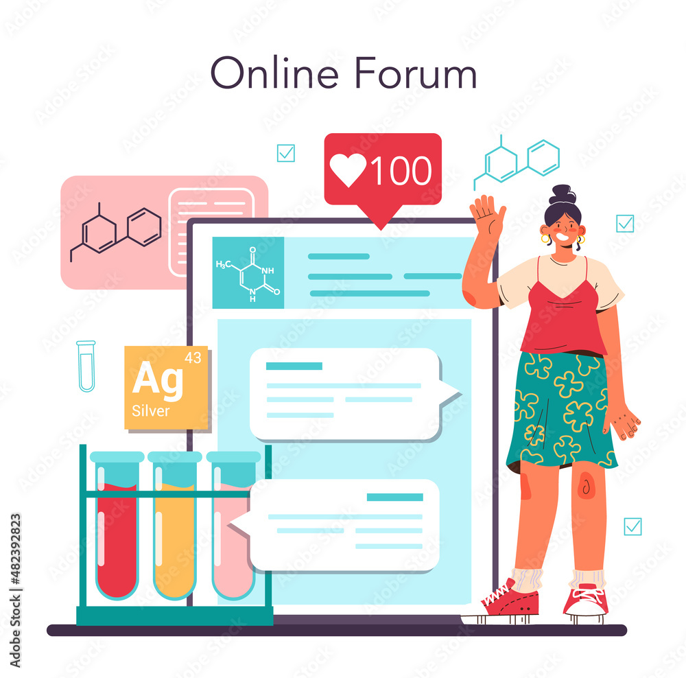 Poster chemist online service or platform. scientist doing an experiment