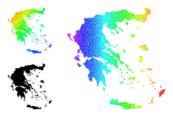 Rainbow gradiented star collage map of Greece. Vector vibrant map of Greece with rainbow gradients. Mosaic map of Greece collage is organized with random colored star elements.