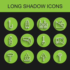 Fototapeta premium Set line Road traffic signpost, Coffee cup, Fishing hook, Exclamation mark triangle, Parking, Flare gun pistol, Radio with antenna and Shovel icon. Vector