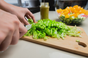 Female hands cut lettuce leaves with a knife against the background of a bowl with chopped vegetables. Vegetarian food preparation