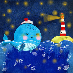 Watercolor cartoon baby whale in a sailor hat and lighthouse. Under the sea on a starry night. Hand draw isolated illustrations. - 482393884
