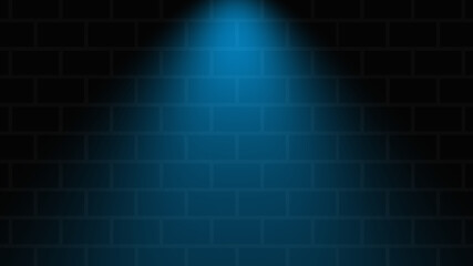 Empty brick wall with blue neon spotlight with copy space. Lighting effect blue color glow on brick wall background. Royalty high-quality free stock photo of lights blank background for texture