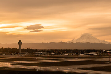 Seattle Airport, UNITED STATES OD AMERICA - JAN, 2020: Beautiful Sunset view