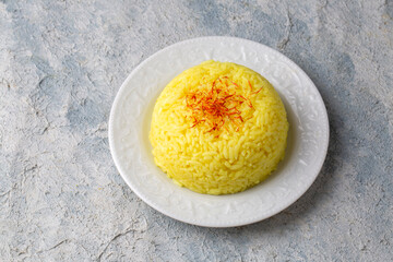 A plate of saffron rice pilaf (Turkish name; safranli pilav)
