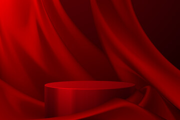 Red podium with red textile background - obrazy, fototapety, plakaty