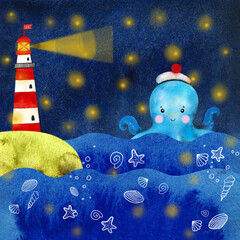 Watercolor cartoon octopus in a sailor hat and lighthouse. Under the sea on a starry night. Hand draw isolated illustrations. - 482394255