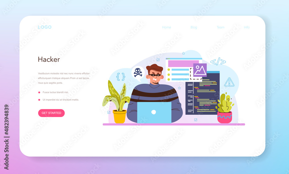 Poster hacker web banner or landing page. cyber attack, thief stealing personal data
