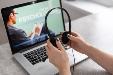 Psychological consultation online - man lists his problems - communicates with the patient using the digital technology - remote psychodiagnosis session