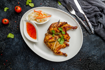 fried chicken tobacco on a white plate with sauce on dark stone table top view