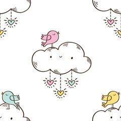 Seamless pattern with cute birds and hearts for gift wrap, textile or book covers, wallpapers and scrapbook. Background for for Mother's Day, March 8, Valentine's Day, birthday,  wedding. Vector.