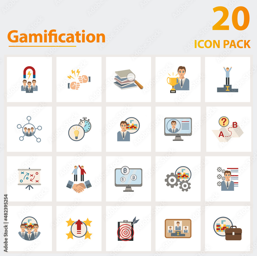Poster gamification icon set. collection of simple elements such as the user engagement, challenge, learnin