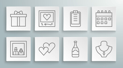 Set line Family photo, Photo frames and hearts, Heart, Champagne bottle, Necklace on mannequin, Clipboard with checklist, Calendar and Gift box icon. Vector