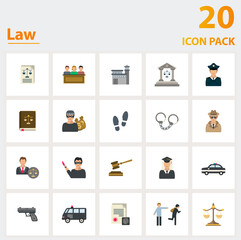 Law icon set. Collection of simple elements such as the legal document, jury, jail, footprint, police handcuffs, lawyer, courthhouse.