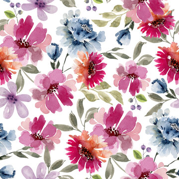 Seamless floral pattern with pink and blue flowers on a white background, hand painted in watercolor.