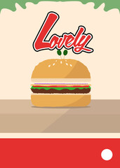 Flat design hamburger layer burger cartoon illustration with lovely text