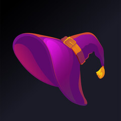 Witch hat for game design. In-game magic item. Template for mobile, client and browser applications. Volumetric vector colorful object for stylization.