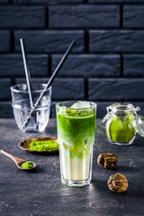 Iced Green matcha tea or matcha latte in glass