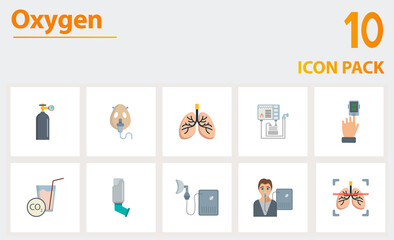 Oxygen icon set. Collection of simple elements such as the oxygen balloon, oxygen mask, lungs, lungs ventilator, breathe-helping machine, inhaler, lungs scan.