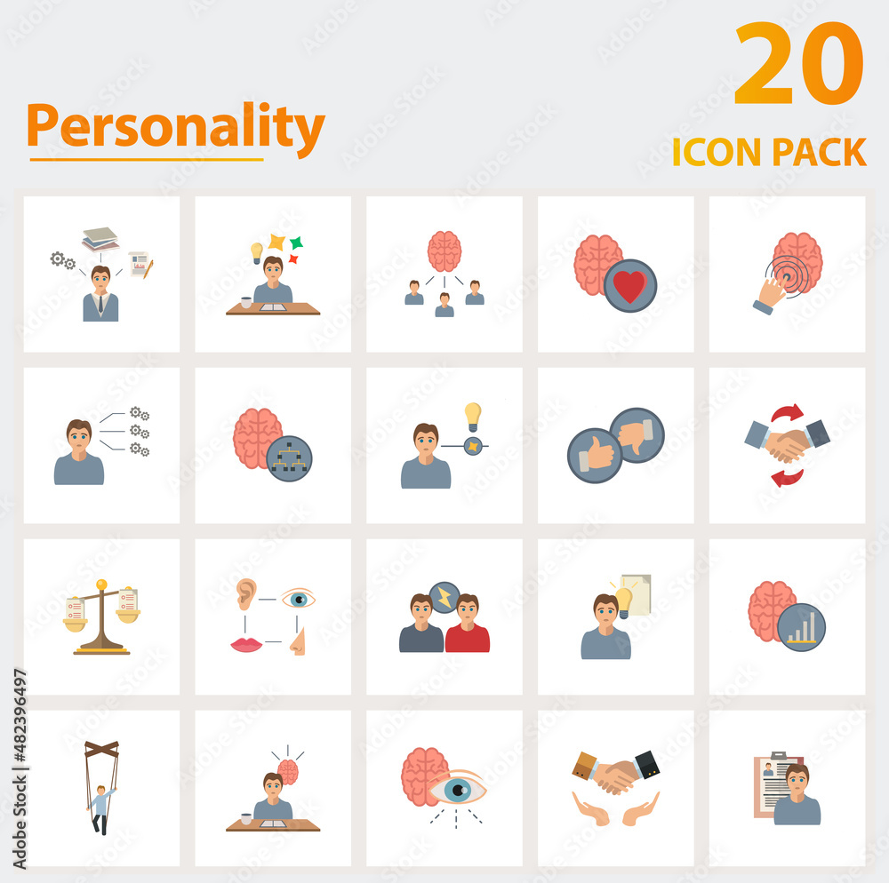 Poster personality icon set. collection of simple elements such as the open-minded, unlocking new abilities