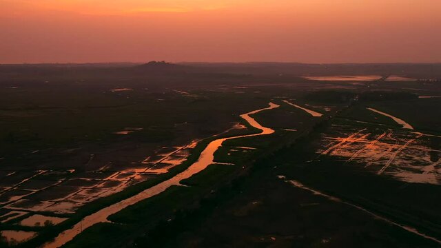 Scenic Sunset In Suburban Area Of Vasai Near Mumbai, India - aerial drone shot