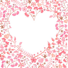Pink watercolor flowers in the shape of a heart. Empty space to insert. Love concept for postcards, labels, posters, stationery, fabric.