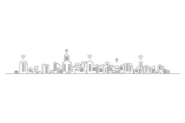 City panoramas in thin lines, Wide-angle city illustrations, Outline cityscape on a white background.	