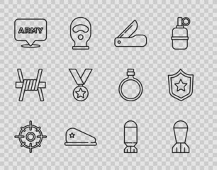 Set line Target sport, Aviation bomb, Swiss army knife, Military beret, reward medal, and icon. Vector