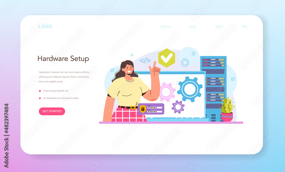 Poster network engineer web banner or landing page. specialist setting up