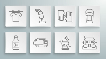 Set line Bottle for cleaning agent, Vacuum cleaner, Garbage truck, Clean vase, Home service, Rubber gloves, Bucket with rag and Drying clothes icon. Vector
