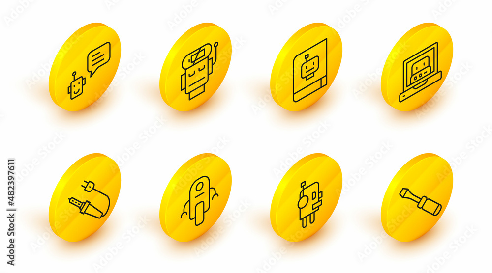 Poster set line screwdriver, robot, soldering iron, creating robot, user manual, low battery charge and bot