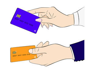 Plastic card in the hand of a woman and a man. Payment for purchases by card.  Cartoon illustration.