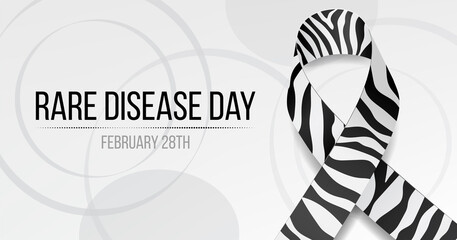 Rare disease day concept. Banner template with zebra ribbon awareness and text. Vector illustration