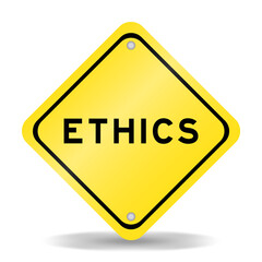 Yellow color transportation sign with word ethics on white background