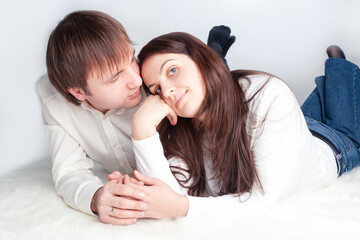 Family Values Concepts. Caucasian Loving Happy Couple Posing Closely Together Over White Background