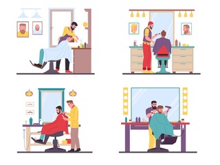Barbers with men clients. Hairdressers give haircuts. Stylists shampooing and cutting. Styling and trimming. Professional beauty salon. Workplace interior. Vector barbershop scenes set
