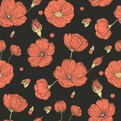 Vintage rose floral boho seamless pattern. Ornate red poppy garden art