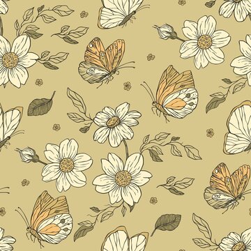 Vintage daisy and butterfly floral boho seamless pattern. Ornate garden art