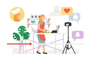 Cooking video blog. Woman broadcasting online. Blogger dish recipe. Food preparation. Shooting movies in home studio. Digital workshop. Progress line and like buttons. Vector concept