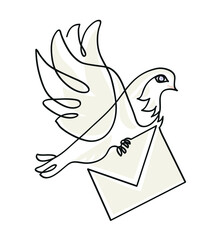 One line drawing of white dove carrying envelope.
One continuous line drawing of White Homing pigeon with letter
