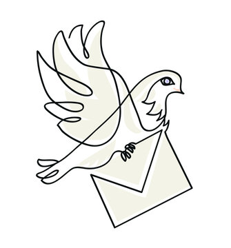 One line drawing of white dove carrying envelope.
One continuous line drawing of White Homing pigeon with letter
