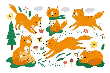 Obraz premium Cute foxes. Funny kids animals. Orange forest mammals. Wild fauna. Vixens running or relaxing in different poses. Happy mom and child. Plants elements. Vector woodland predators set