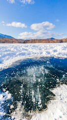 Obraz premium 冬の糠平湖 雪の下から出てきたアイスバブル 縦構図